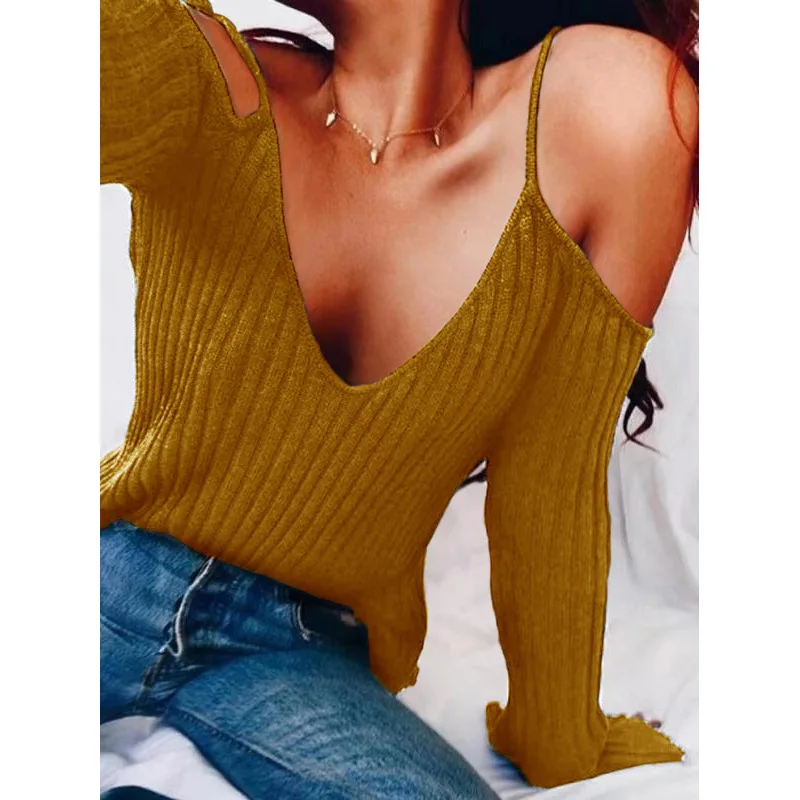 Женский вязаный свитер с v-образным вырезом, сексуальный осенний пуловер с открытыми плечами и расклешенными рукавами, повседневные топы, свитера - Цвет: Yellow