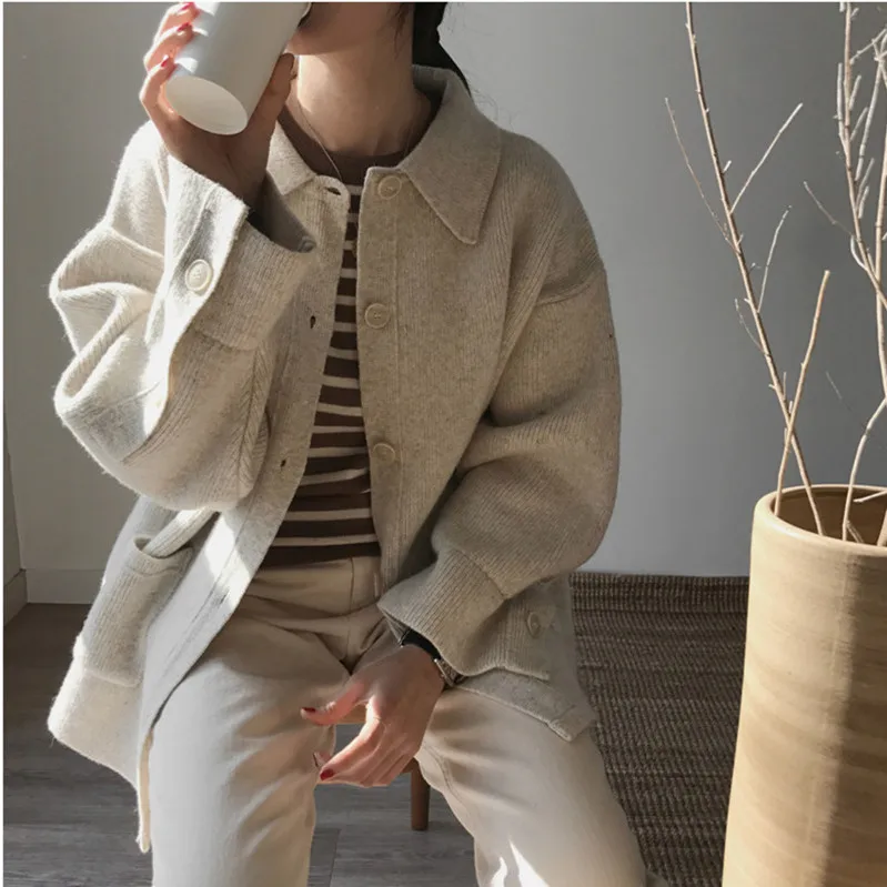 New cardigan women sweater pure color loose minimalist lapel long sleeve sweater for autumn winter 2019 New cardigan women sweater pure color loose minimalist lapel long sleeve sweater for autumn winter 2019