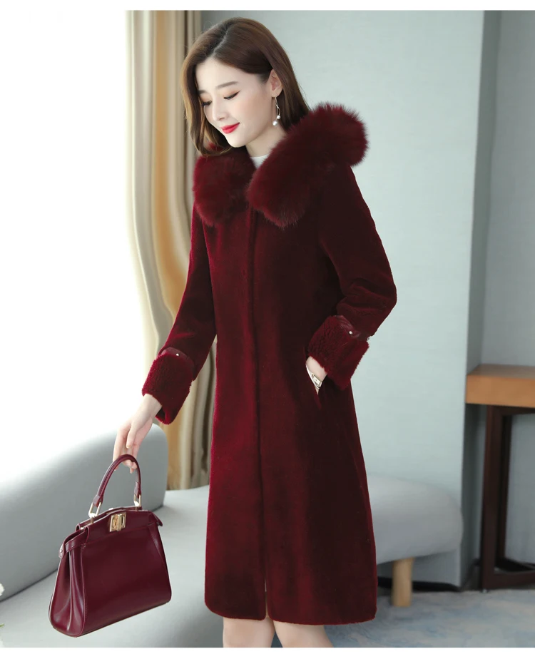 HANZANGL зимнее пальто из овечьей шерсти, Женское пальто из искусственного меха, Лисий мех, с капюшоном, теплый мех, удлиненный верхний жакет S-3XL