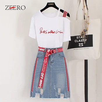 

2020 Summer Fashion Women's Sets Letters Embroidery White Cotton Tshirts + Hole Denim Skirts Students Suits Casual 2 Piece Suit