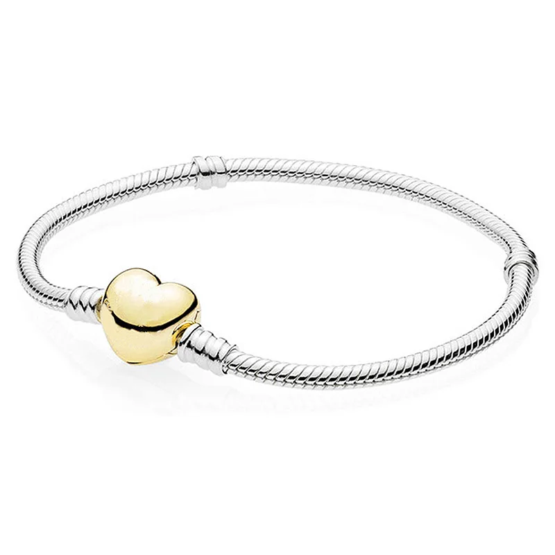 

Authenetic 925 Sterling Silver Bracelet Gold Color Love Heart Clasp Snake Chain Bracelet Bangle Fit Women Bead Charm DIY Jewelry