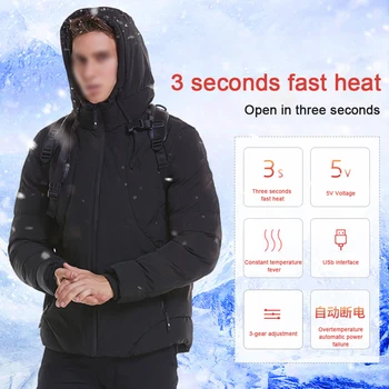

Men Waterproof Heating Outdoor Zipper Hooded Skiing Wadded Jacket Long Sleeve Washable USB Powered Soft Winter Warm