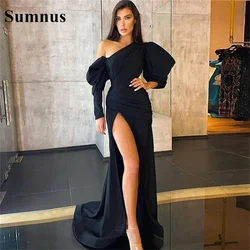 Sumnus Black One Shoulder Formal Mermaid Evening Dresses High Split Long Sleeves Pleats Satin Prom Gowns Plus Size