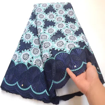 

Latest navy blue full embroidery African Swiss lace fabric Nigerian garment voile clothes high quality 5 yards Wo360
