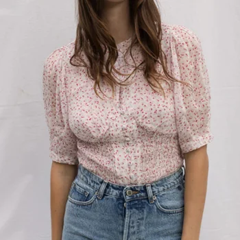 

Retro print women shirt tops o-neck puff sleeve Single-breasted ruffled hem casual wild lady shirt 2020 new