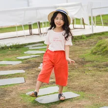 Новые летние Стиль детская одежда в Корейском стиле-Стиль Однотонные из чистого хлопка свободное хлопковое детское Повседневные Свободные Штаны унисекс детская футболка