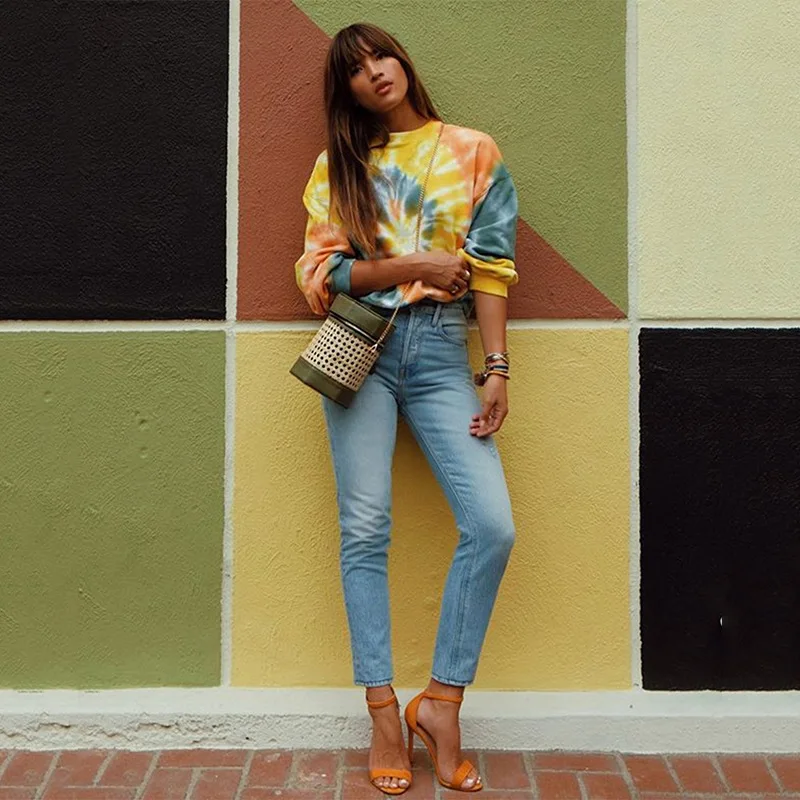 

2020 Autumn Tie Dye Printed Sweatshirt Women's Long Sleeve Loose Crew Neck Pullover Tops No Hoodies Without Hooded Sweatshirt