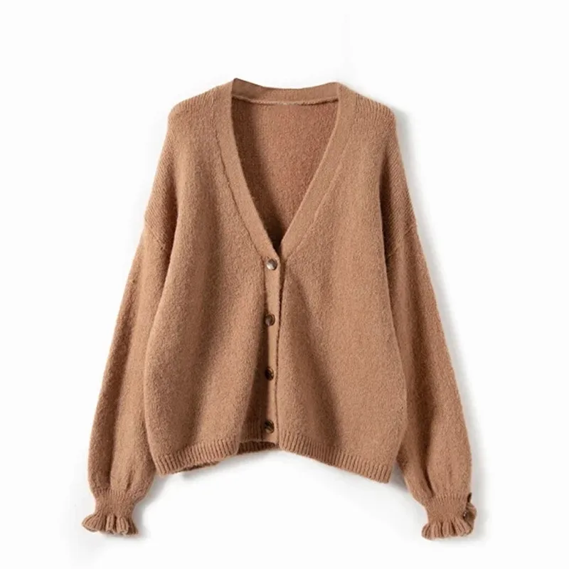 Lantern Sleeve Sweater Women Single Breasted V