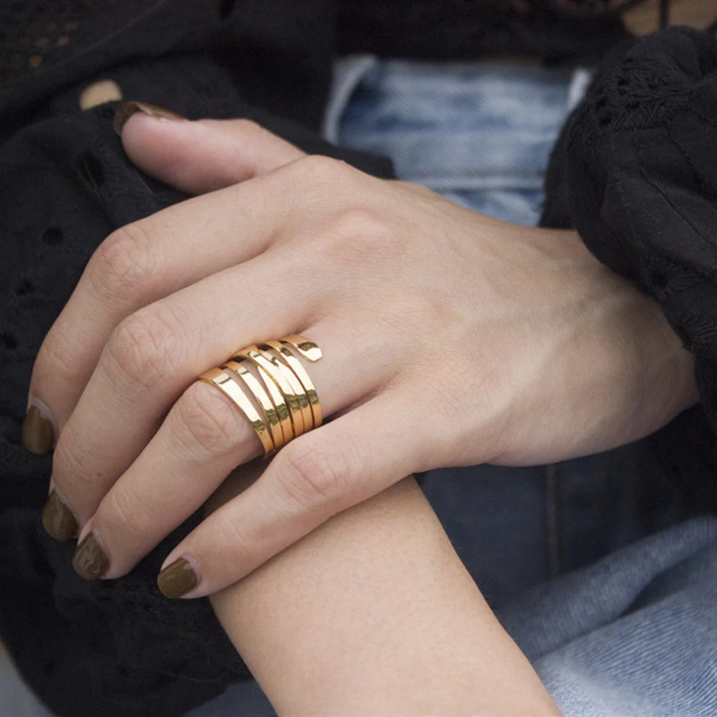 Peri'sBox Multi Layered Wrapped Spiral Geometric Rings Brass Gold Rings for Women Circle Polished Statement Rings 2019 Fashion