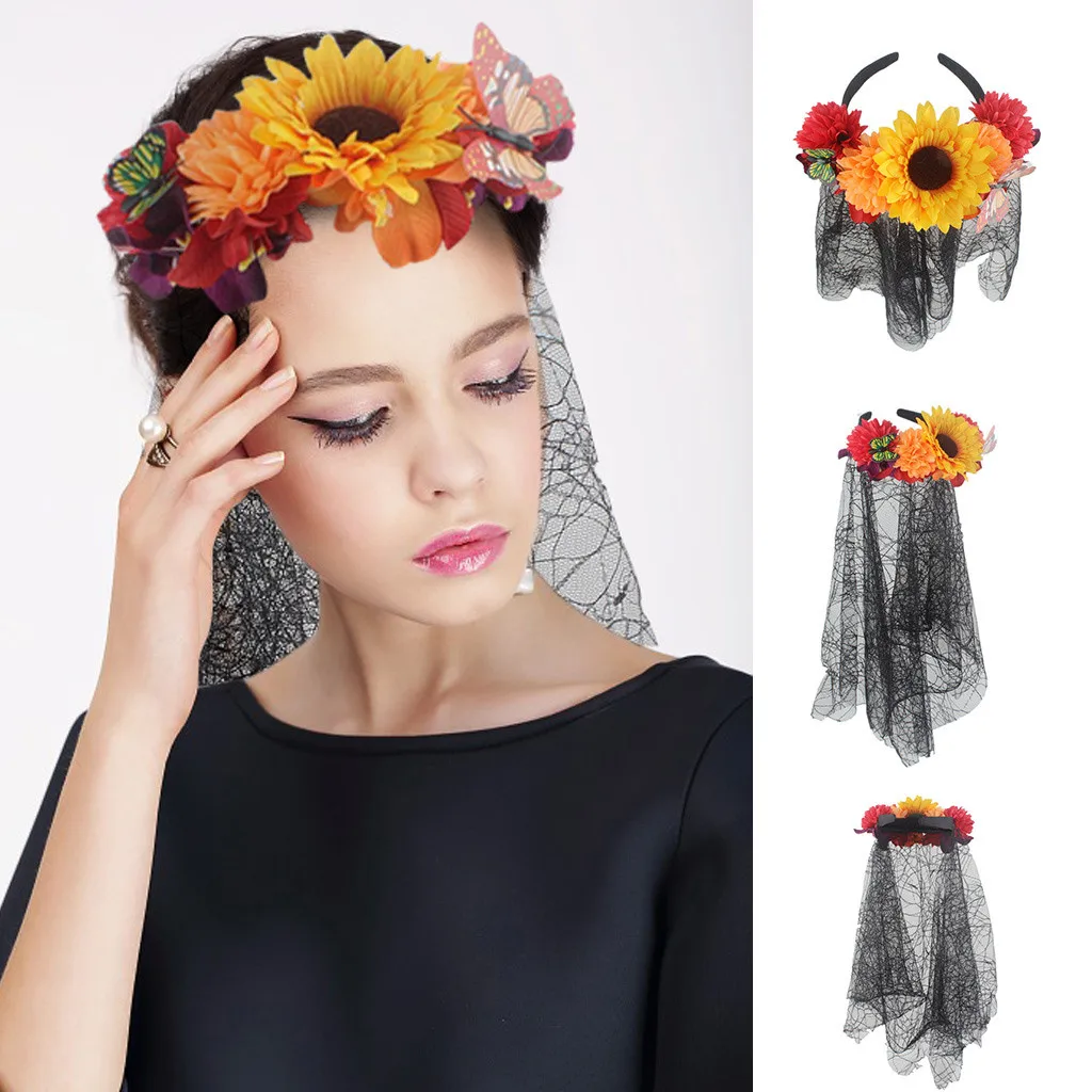 

Womens Halloween Wreath Headband Handmade Fabric Rose Flower with Black Mesh Veil Tulle Crown Festival Day of The Dead Hair Hoop