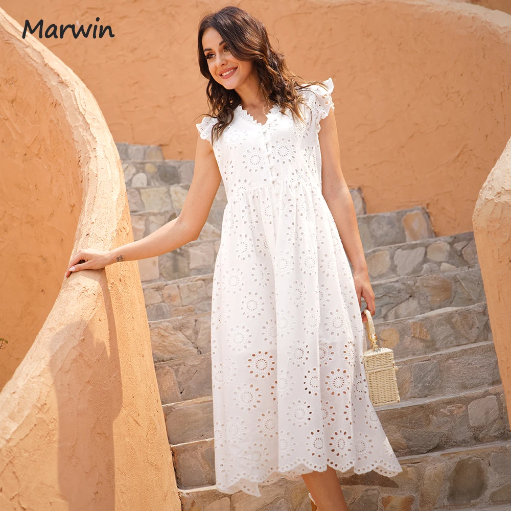 Marwin Long Simple Casual Solid Hollow Out Pure Cotton Holiday Style High Waist Fashion Mid-Calf Summer Dresses NEW Vestidos