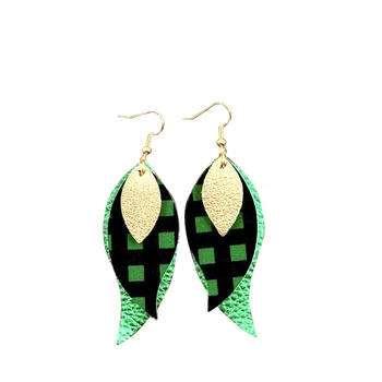 

Golden Glitter Black & Greeen Check Layered Feather Leather Earrings Triple Fringed Faux Leather Earrings Custom