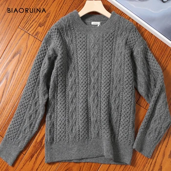 

BIAORUINA Women's Minimalist Retro Classic Twist Jacquard Solid Color Round Neck Long Sleeve Knitted Sweater Fashion Pullover