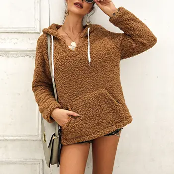 

Women Autumn Winter Hooded Jacket Coat Long Sleeve Solid Color Warm Velvet Coats FS99