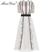 MoaaYina весна осень Новое поступление белое кружевное плиссированное платье элегантное, миди женское платье высокого качества