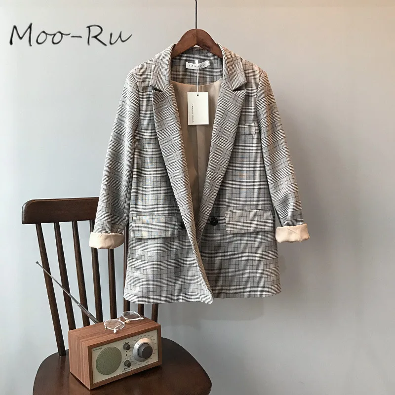 Moo-Ru 2020 Chun-корейский винтажный клетчатый Блейзер feminino клетчатая куртка пальто для