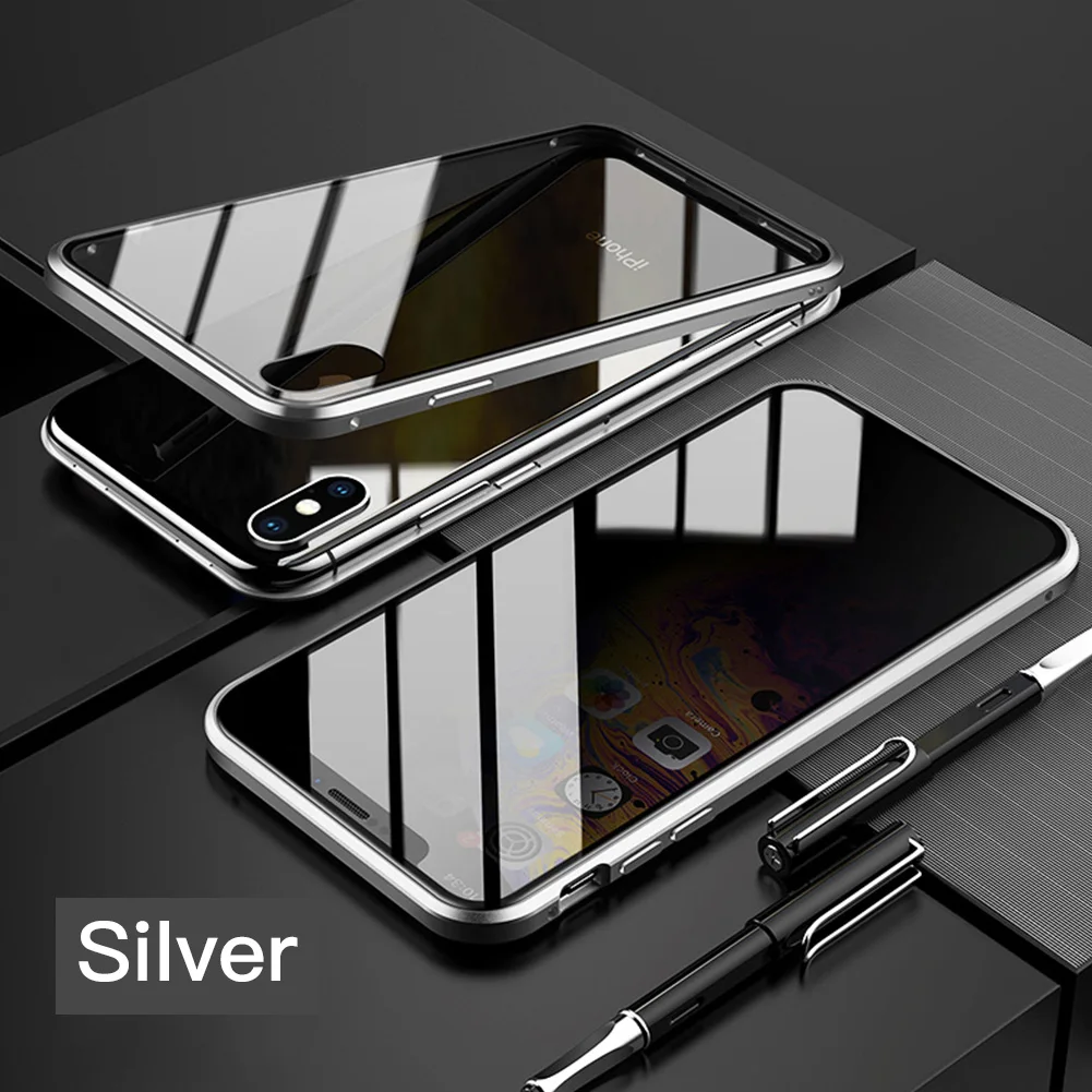 Silver Color Конфиденциальное магнитное закаленное стекло чехол для телефона для iPhone X XS 11 Pro MAX 8 7 Plus анти Пип 360 Полное покрытие для samsung Note 10 Plus - Цвет: Silver Color