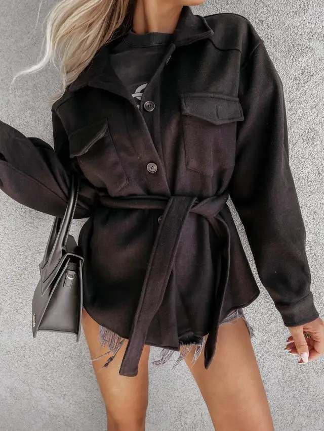 

Women Casual Pocket Lace-Up Outwear 2021Autumn Winter Fashion Lapel Single-Breasted Thick Coats Solid Color Woolen Loose Jacket