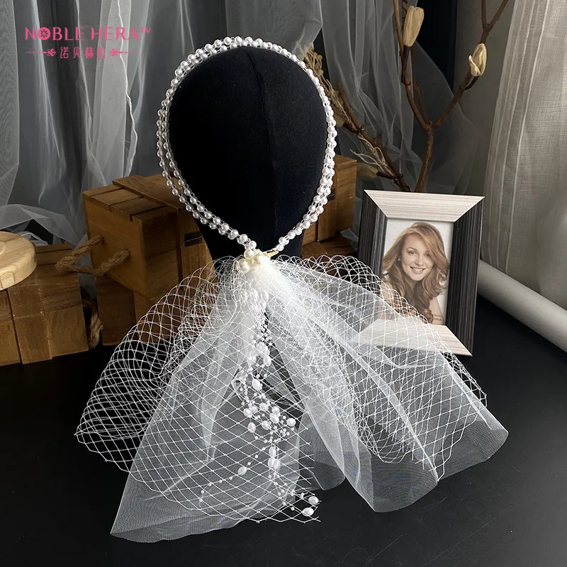 Bridal Pearl Veil Adjustable Mesh Belt Hair Accessories Wedding Headband Headdress