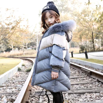 

2019 Children's Wear Fall Winter Girls'Cotton-padded Jacket kids clothes Outerwears Parkas 4-13years long Snow Wear coat 366