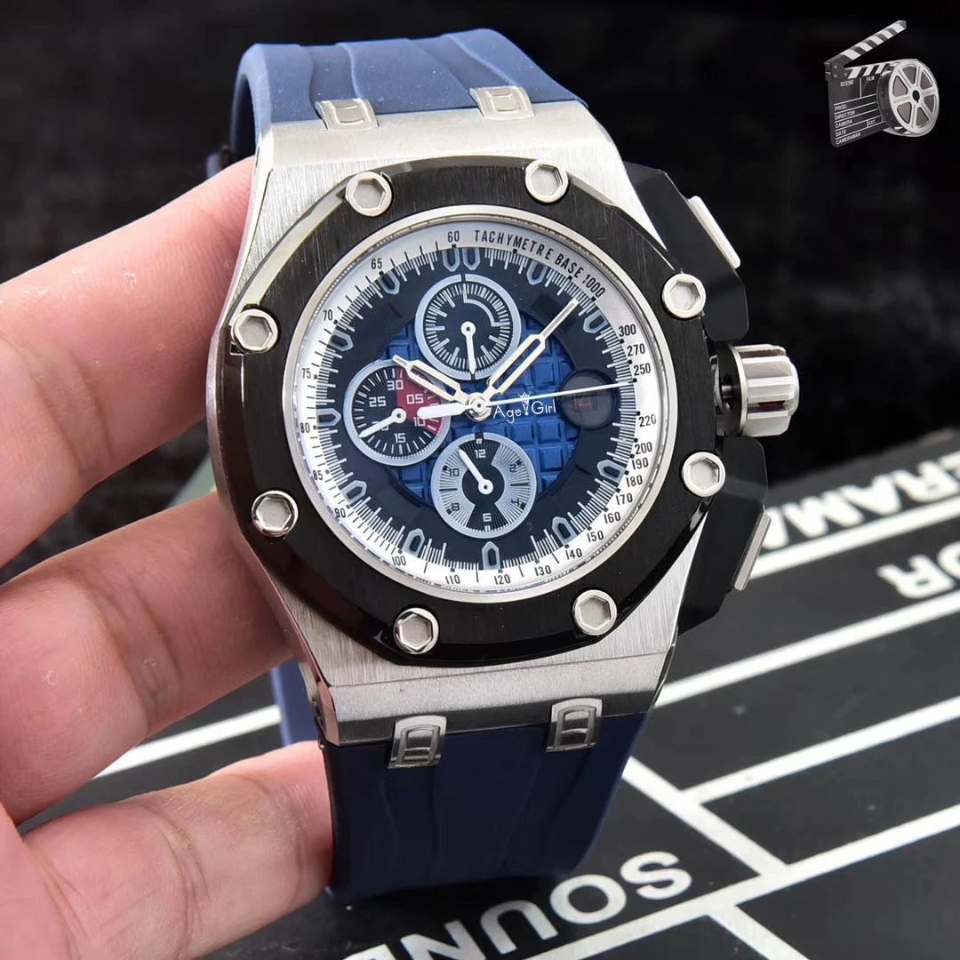 Black Blue Роскошные Брендовые мужские автоматические механические сапфировые дубы розовое золото черный синий резиновый хронограф из нержавеющей стали часы Королевский ограничен - Цвет: Black Blue