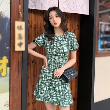 

Women Chiffon Dresses Summer Casual O Neck Floral Print Boho Beach Dress Ruffle Short Sleeve A Line Mini Dress Wrap Sundress