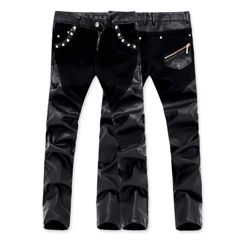Новая мода Сращивание мужские мотоциклетные брюки корейский Slim Fit pu кожаные брюки уличные повседневные брюки карандаш с молнией размера плюс