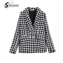 Sitruuna, женские осенние клетчатые блейзеры с длинным рукавом, двубортные Женские твидовые блейзеры, Повседневная Офисная Женская верхняя одежда