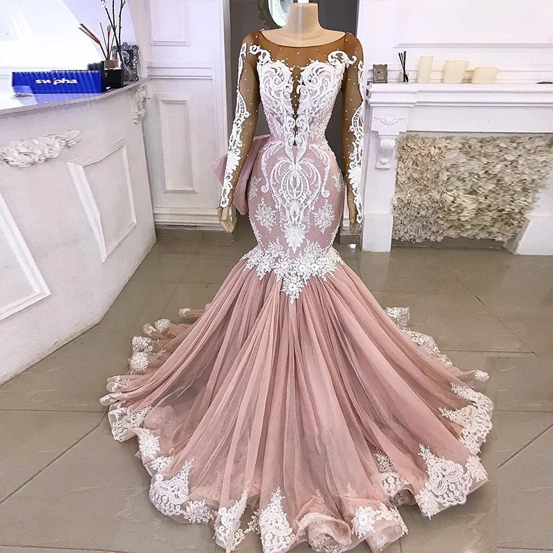 Африканские румяные розовые вечерние платья с длинными рукавами Vestido de fiesta кружевные платья с аппликацией Русалка для выпускного вечера для девочек черного цвета