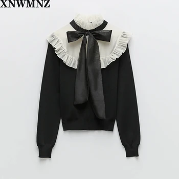 

XNWMNZ za Women black contrast knit sweater Female Chic Sweater high neck long sleeves organza ruffle trims High quality