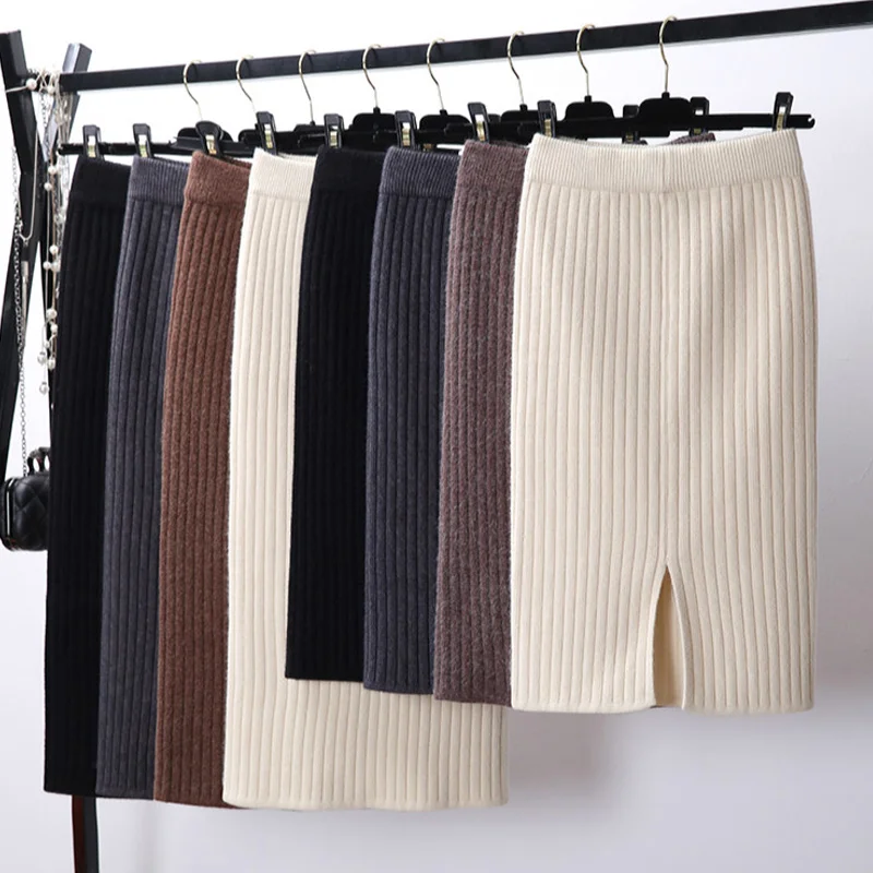 Женская облегающая элегантная юбка-карандаш миди с разрезом сзади на осень и зиму, повседневная трикотажная юбка с высокой талией, женские юбки s Jupe Femme Faldas