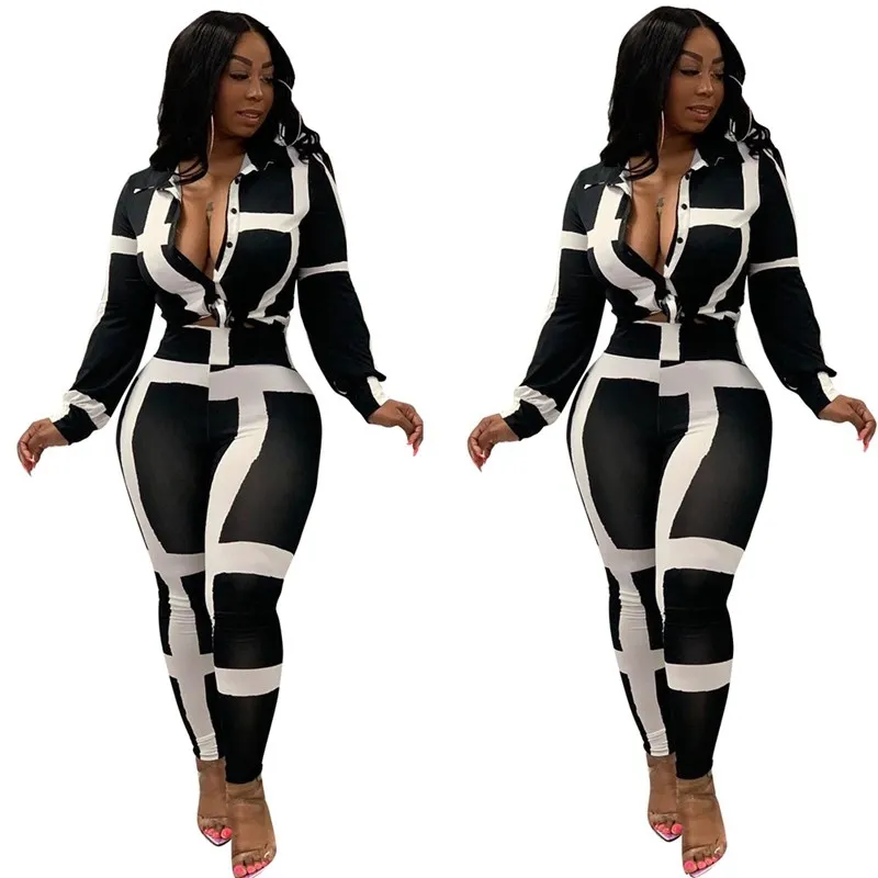 

Fall Casual 2 Piece Set Women Tracksuit Button Print Long Sleeve Shirt And Pants Sweat Suits Outfit Two Piece Matching Sets