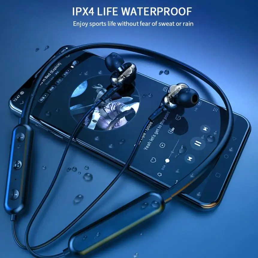 9D Surround Sound In Ear Neck Hanging Bluetooth Headphones 4 Speakers Stereo Earphone HD Call Sports Wireless Waterproof Headset