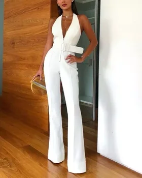 

White Women Belt Halter Neck Zipper Deep V-neck Backless Wide Leg Elegant Party Long Jumpsuit Overalls Romper Elegance 2020