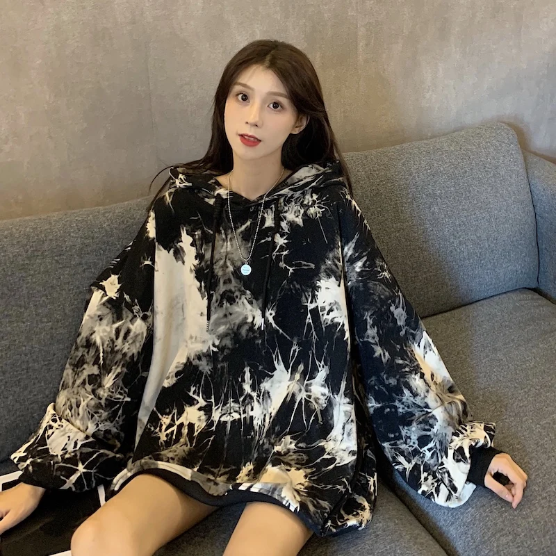 

New Korean lazy style tie-dye long-sleeved hooded loose sweatshirt women