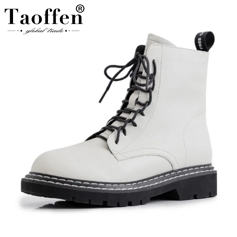 Taoffen/Зимние ботильоны; Повседневная Уличная обувь; женская Нескользящая Повседневная рабочая обувь на плоской подошве; кожаная однотонная обувь; размеры 34-39