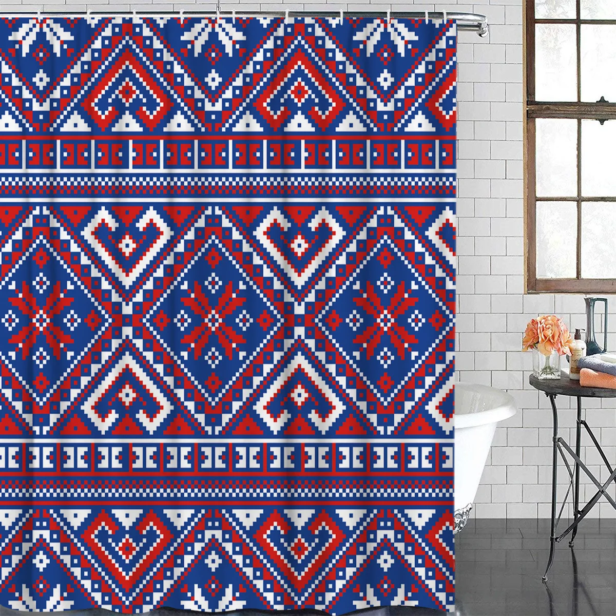 Christmas Theme Scandinavian Style Snowflake Pattern Blue And Red Blend Polyester Fabric Shower CurtainMAT 40X60CM | Дом и сад