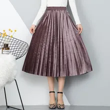 Женская юбка дикая осень зима золото бархат сплошной цвет Высокая талия юбка мода OL плиссированная средняя удлиненная юбка