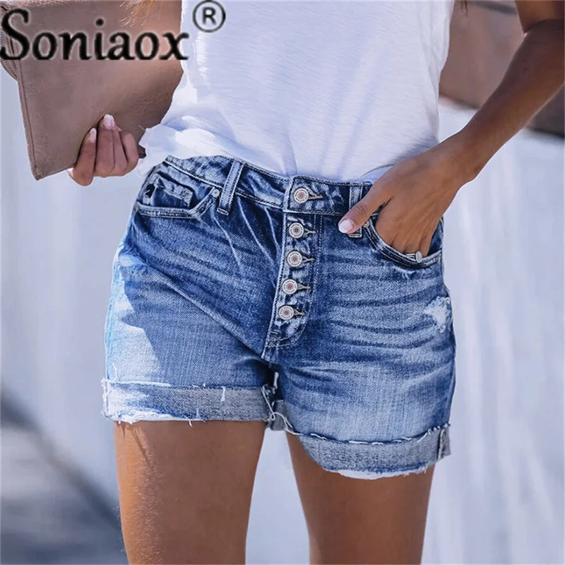 2021 New Women's Summer Single Breasted Shorts Jeans Ladies High Waist Ripped Elastic Denim Shorts Street Casual Curling Shorts