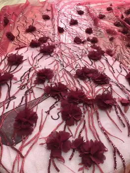 

Wine 3 d flowers Latest African Laces 2019 Embroidered Nigerian Laces Fabric High Quality Dubai French Mesh Lace Fabric 5 Yards