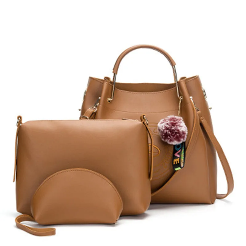 

Women 3 Pcs Handbags Pu Leather Fashion Handbag Shoulder Bag Vintage Female Messenger Bag Plush ball Rivets crossbody