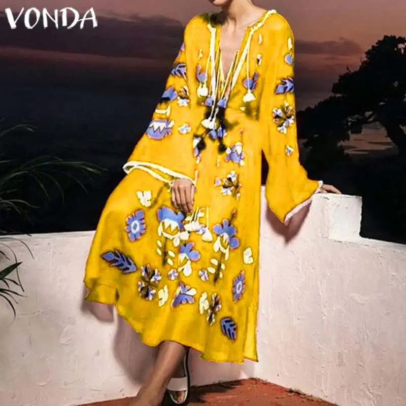 

Plus Size Bohemian Dress VONDA Vintage Printed Long Sleeve Dresses V Neck Robe Femme Loose Party Vestido Beach Sundress 5XL