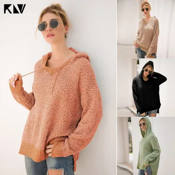 

Womens Long Sleeves Drawstring Hooded Hoodies Fluffy Plush Casual Loose Pullover Tops Knitted High Low Asymmetric Sweatshirt