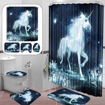 

4pcs 3D Pattern Shower Curtain Set Bath Mats Rugs Waterproof Bathroom Curtain Non-Slip Bathroom Carpet Rug Set Cortinas