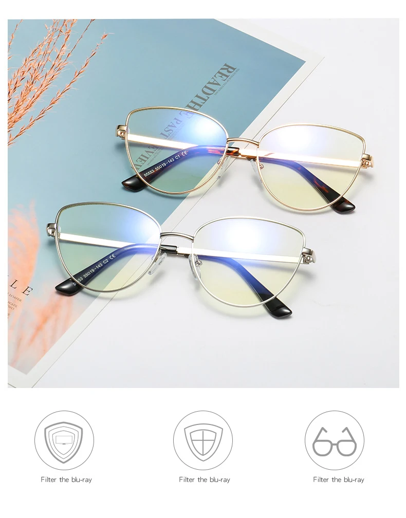 Alloy Eyeglasses Frame for Women Eyewear Full Rim Stylish Cat Eye UV400 Anti-Scratch Dust Proof Anti Radiation Coating Spectacle