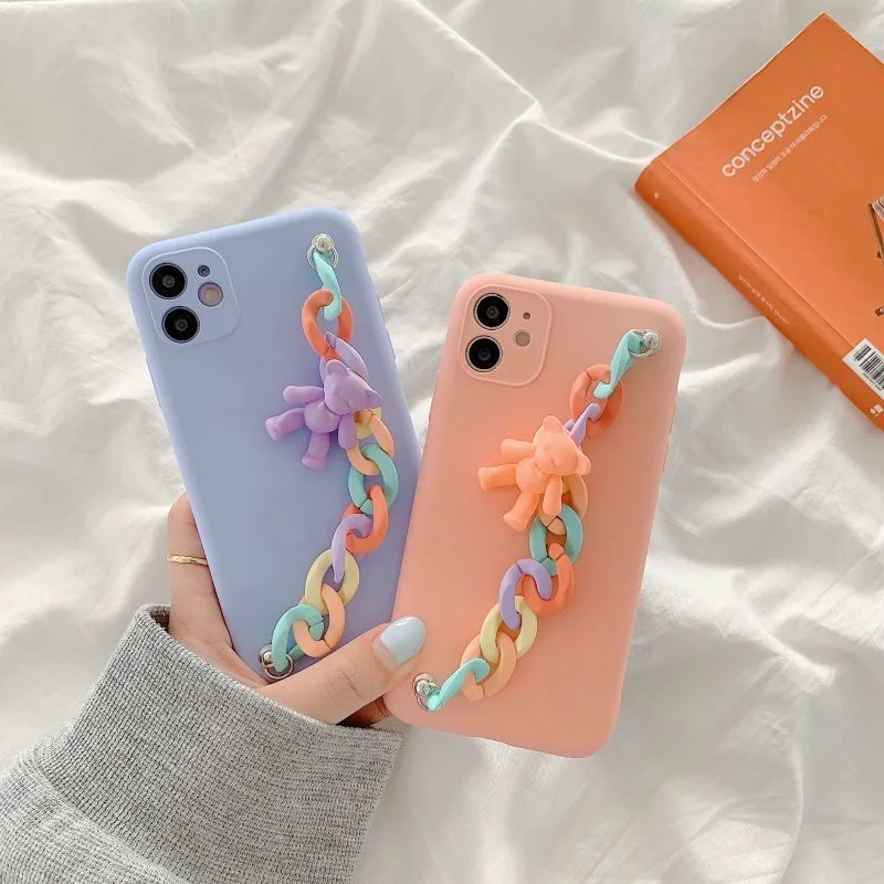 3D Bear Wrist Chain Camera Protection Phone Case For iPhone 13 Mini 12 11 Pro XS Max X XR SE 2020 6 6S 7 8 Plus Full Back Cover | Мобильные