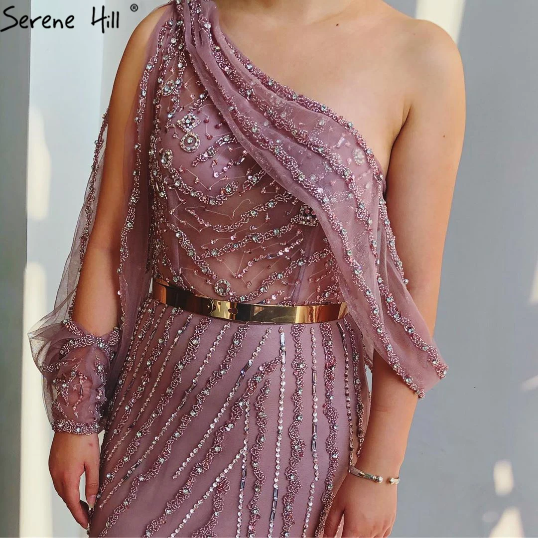 Pink Dubai One Shouder Sexy Prom Dresses Luxury Beading Crystal Sparkle Prom Gowns 2020 Serene Hill BLA70258
