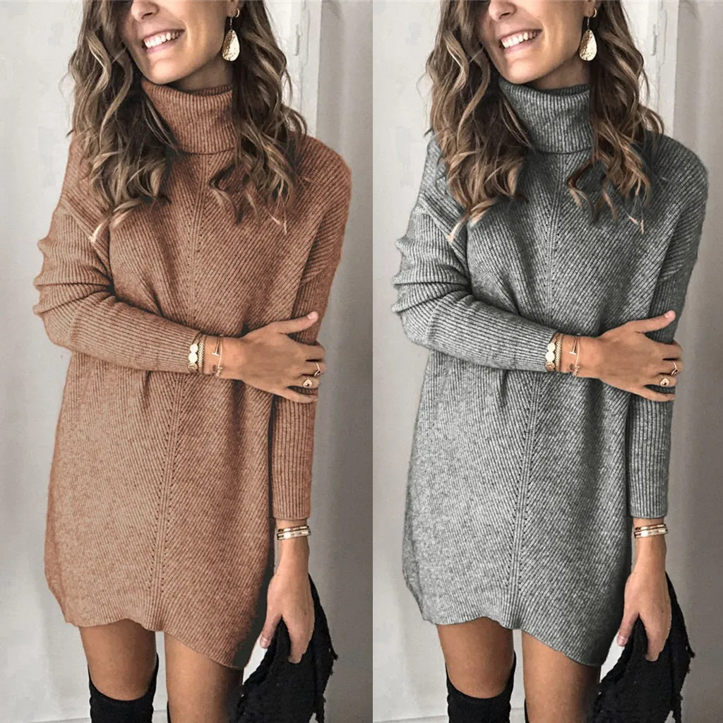 Модное женское длинное платье-свитер для отдыха, женское однотонное коричневое серое платье с высоким воротником и длинным рукавом, зимнее теплое вязаное платье-свитер