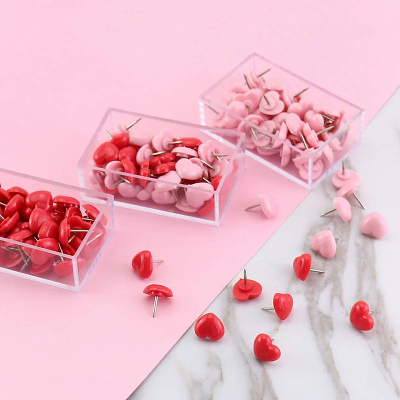 

50pcs Pink Red Heart Thumbtack Push Pins Plastic Cork Board Safety Colored Pins School Stationary Binding Office Accessories