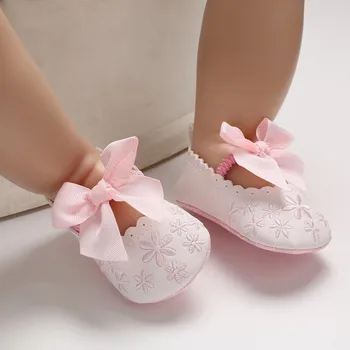 

0-18M Baby Girls Toddler Infant First Walkers Spring Soft Sole Non-Slip PU Princess Casual Floral Embroidery Shoes with Bowknot